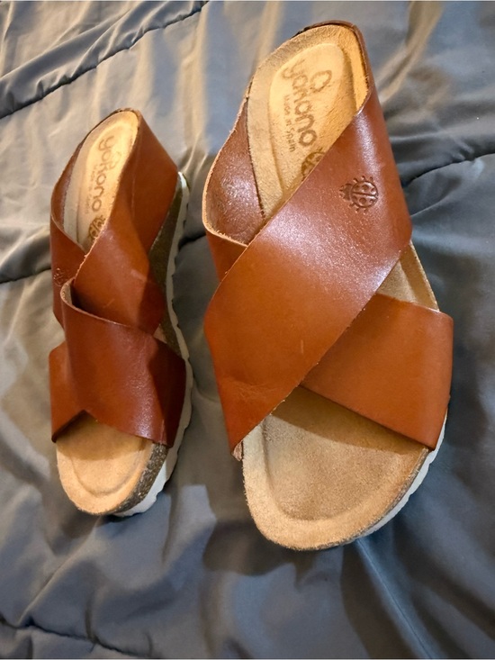 Shoes - Yokono Leather Crossband Slide Sandals in Cognac